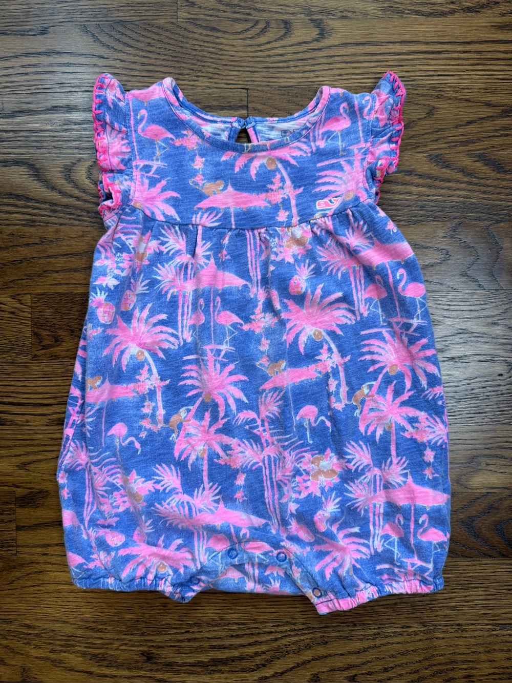 Vineyard Vines Toddler Girl Pink / Blue Flamingo Palm Print Bubble Romper 12-18M